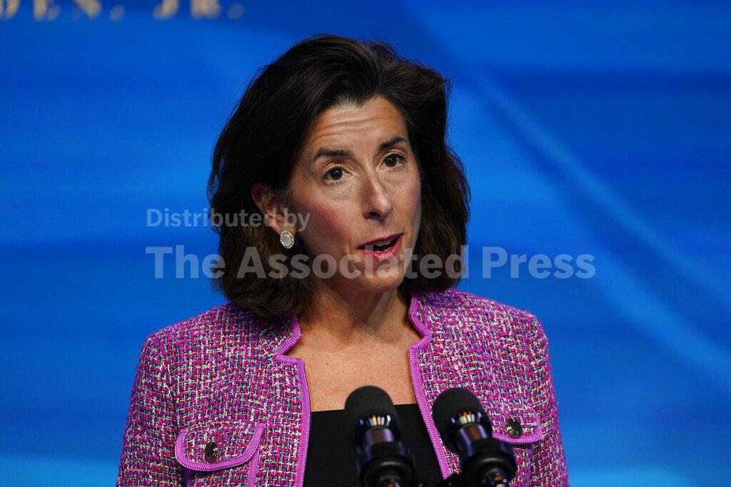 President-elect Joe Biden's nominee for Secretary of Commerce, Rhode Island Gov. Gina Raimondo speaks during an event at The Queen theater in Wilmington, Del., Friday, Jan. 8, 2021. (AP Photo/Susan Walsh)
