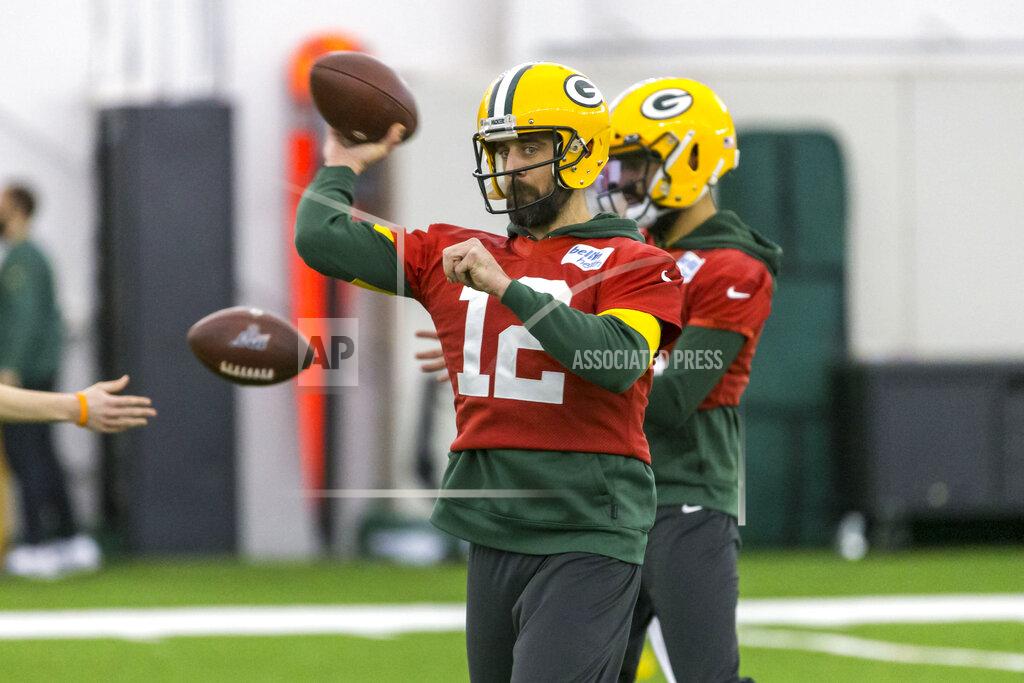 Mike Roemer Green Bay Packers quarterback Aaron Rodgers throws the ball during the Packers NFL football practice Friday Jan. 17, 2020, in Green Bay, Wis. The Packers will play the San Francisco 49ers in the NFC Championship game on Sunday. (AP Photo/Mike Roemer)