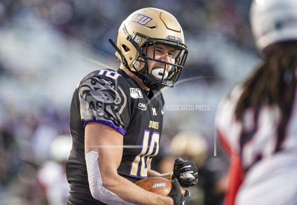 Daniel Lin James Madison wide receiver Riley Stapleton (10) celebrates after scoring a touchdown during the first half of an NCAA college football game against Richmond in Harrisonburg, Va, Saturday, Nov. 16, 2019. (Daniel Lin/Daily News-Record via AP)