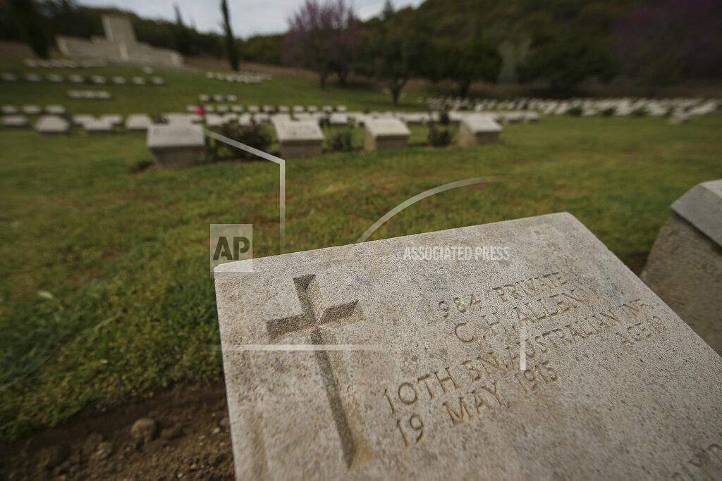 Emrah Gurel A view of the Shrapnel Valley cemetery in Canakkale, Turkey, Saturday, April 24, 2021, a day ahead of the 106th anniversary of the Gallipoli Campaign. The Gallipoli Campaign of 1915 by Allied forces aimed to take control of the peninsula to weaken the Ottoman Empire. The campaign failed and Allied forces withdrew after eight months of fighting on the ground and some 250,000 casualties on both sides. The memorials were kept small due to the COVID-19 pandemic.(AP Photo/Emrah Gurel)