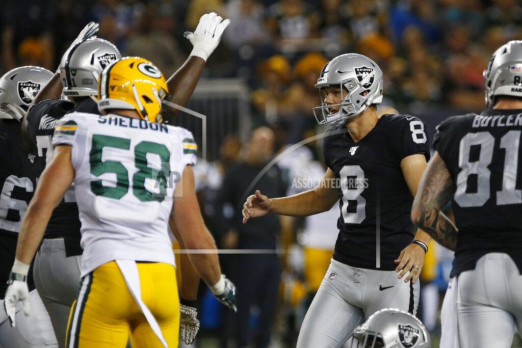John Woods Oakland Raiders' Daniel Carlson (8) celebrates his go-ahead field goal against the Green Bay Packers during the second half of an NFL preseason football game Thursday, Aug. 22, 2019, in Winnipeg, Manitoba. (John Woods/The Canadian Press via AP)