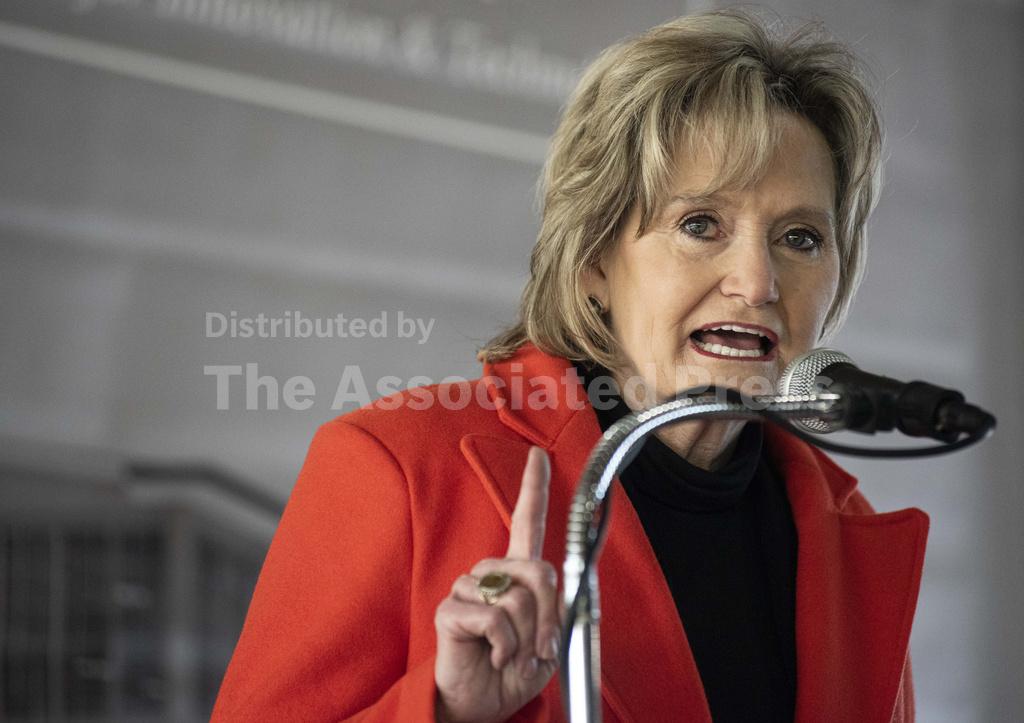 U.S. Sen. Cindy Hyde-Smith, R-Miss., speaks during the Sen. Thad Cochran Mississippi Center for Innovation & Technology (MCITy) dedication ceremony in Vicksburg, Miss., Friday, Feb. 21, 2020. (Courtland Wells/The Vicksburg Post via AP)