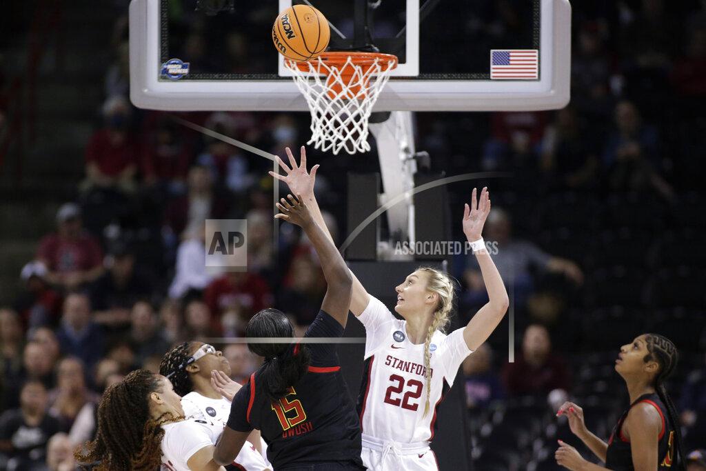 Young Kwak Stanford forward Cameron Brink (22) tries to block a shot by Maryland guard Ashley Owusu (15) during the first half of a college basketball game in the Sweet 16 round of the NCAA tournament, Friday, March 25, 2022, in Spokane, Wash. (AP Photo/Young Kwak)