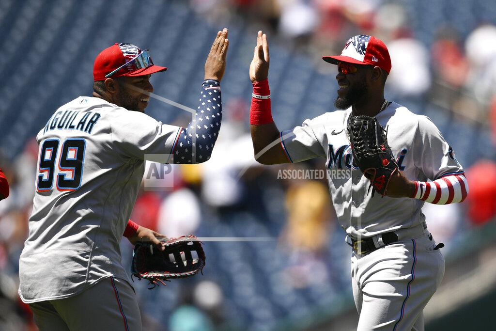 Nick Wass Miami Marlins' Bryan De La Cruz, right, and Jesus Aguilar (99) celebrate after a baseball game against the Washington Nationals, Monday, July 4, 2022, in Washington. The Marlins won 3-2 in ten innings. (AP Photo/Nick Wass)