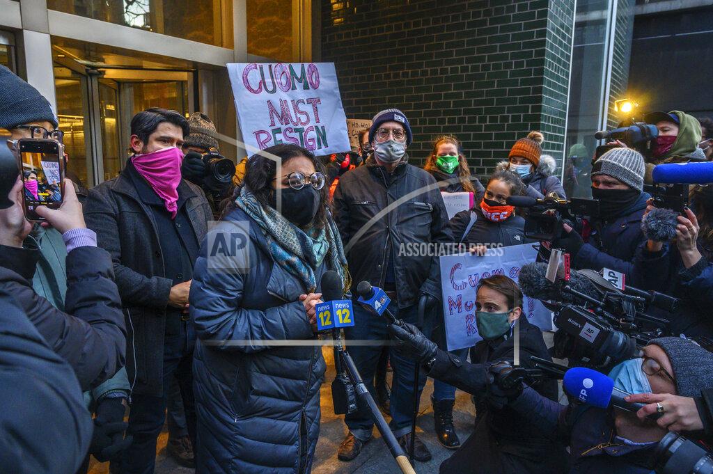 Brittainy Newman Sumathy Kumar of NYC-DSA speaks to press during a rally for New York Gov. Andrew Cuomo's resignation in front of his Manhattan office in New York, Tuesday, March 2, 2021. Cuomo has avoided public appearances for days as some members of his own party call for him to resign over sexual harassment allegations. (AP Photo/Brittainy Newman)