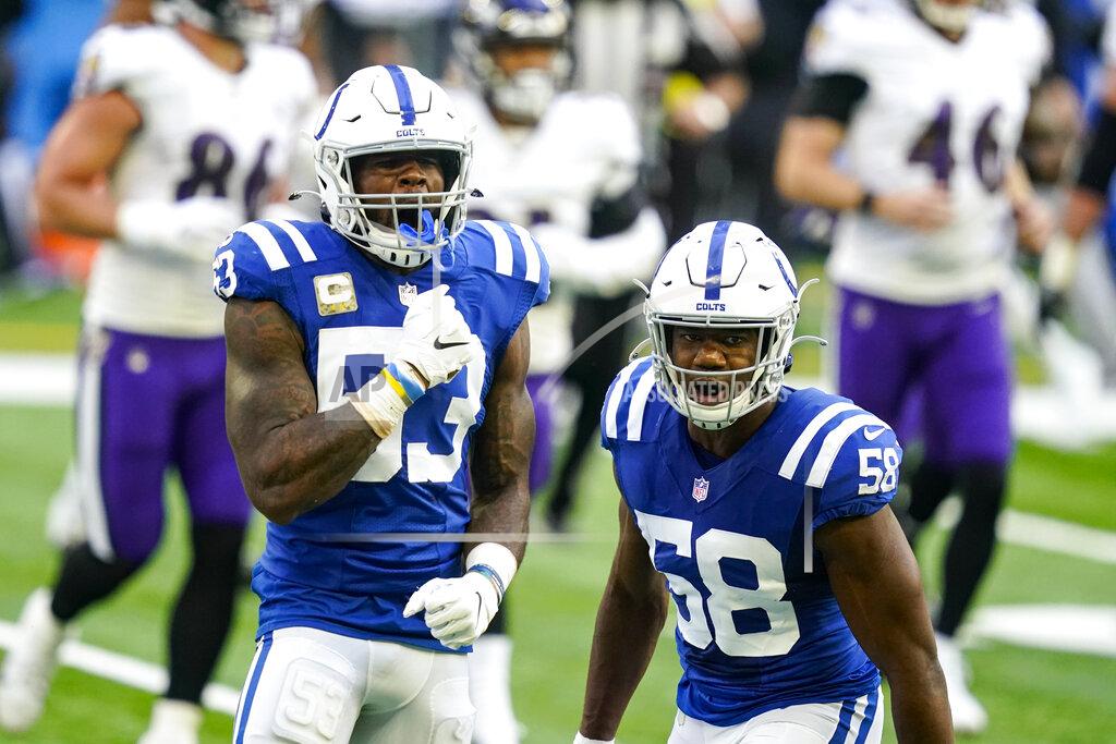 Darron Cummings Indianapolis Colts outside linebacker Darius Leonard (53) and inside linebacker Bobby Okereke (58) celebrate a stop against the Baltimore Ravens in the first half of an NFL football game in Indianapolis, Sunday, Nov. 8, 2020. (AP Photo/Darron Cummings)