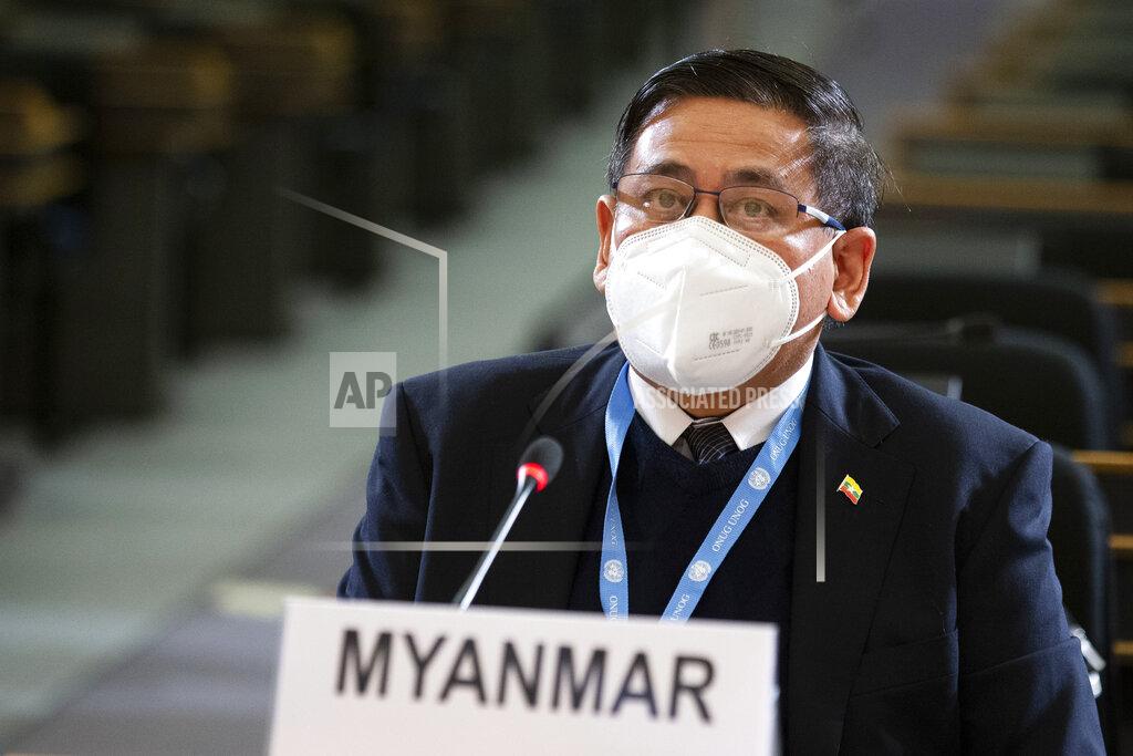 Salvatore Di Nolfi Myint Thu, ambassador of the Permanent Representative Mission of Myanmar to Geneva, addresses his statement during the Human Rights Council special session on "the human rights implications of the crisis in Myanmar" at the European headquarters of the United Nations in Geneva, Switzerland, Friday, Feb. 12, 2021. The special session of the Human Rights Council on the situation in Myanmar is take in person and in virtualle due to the coronavirus pandemic. (Salvatore Di Nolfi/Keystone via AP)