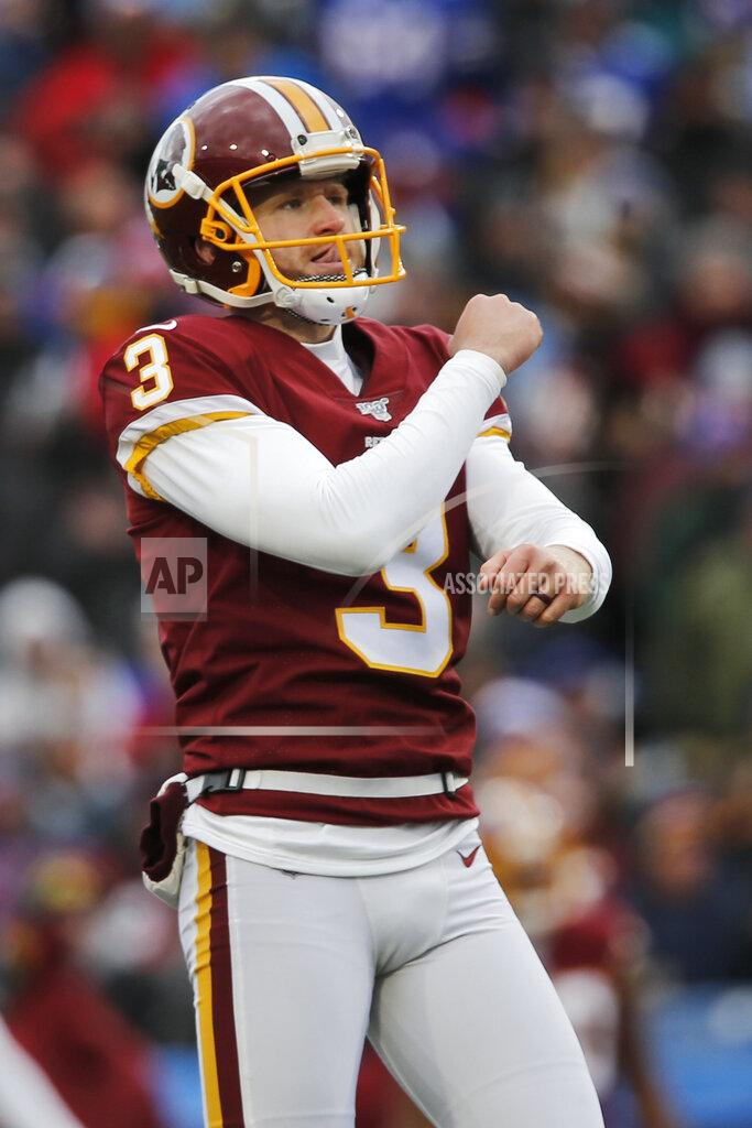 John Munson Washington Redskins kicker Dustin Hopkins watches the ball after kicking a 39-yard field goal during the second half of an NFL football game against the Buffalo Bills, Sunday, Nov. 3, 2019, in Orchard Park, N.Y. (AP Photo/John Munson)