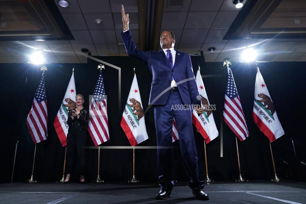 Ashley Landis Republican conservative radio show host Larry Elder speaks to supporters after losing the California gubernatorial recall election Tuesday, Sept. 14, 2021, in Costa Mesa, Calif. The rare, late-summer election, which challenged California Governor Gavin Newsom, has emerged as a national battlefront on issues from COVID-19 restrictions to climate change. (AP Photo/Ashley Landis)