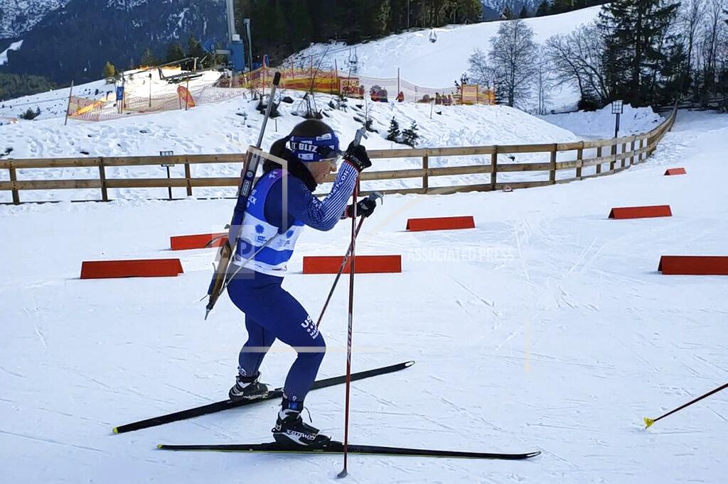 Associated Press reporter Martha Bellisle skis up to the shooting range during the individual Biathalon race during the Winter World Masters Games in Seefeld, Austria on Jan. 14, 2020. (Courtesy of Martha Bellisle via AP)