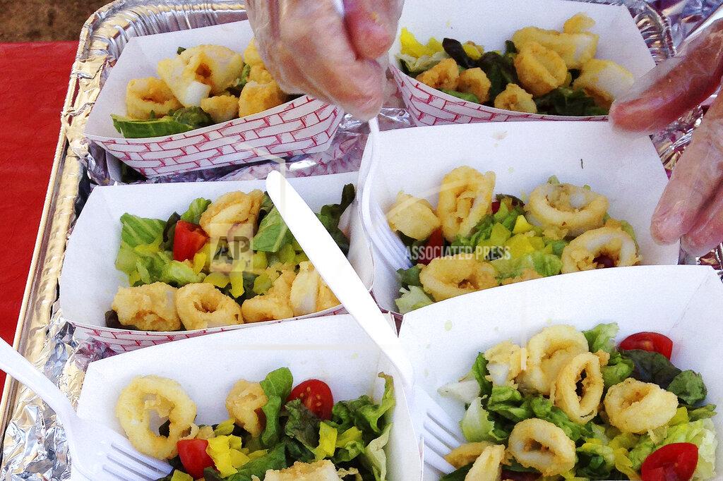 Jennifer Mcdermott FILE - In this June 27, 2014, file photo, plates of fried calamari are served at the town dock in Narragansett, R.I., after Gov. Lincoln Chafee signed legislation to give the squid dish official status as Rhode Island's state appetizer. During the August 2020 televised virtual Democratic National Convention's roll call voting, the state's Democratic Party chair Joseph McNamara stood on a beach with a restaurateur holding a heaping plate of the squid and proclaimed Rhode Island the "calamari comeback state." (AP Photo/Jennifer McDermott, File)