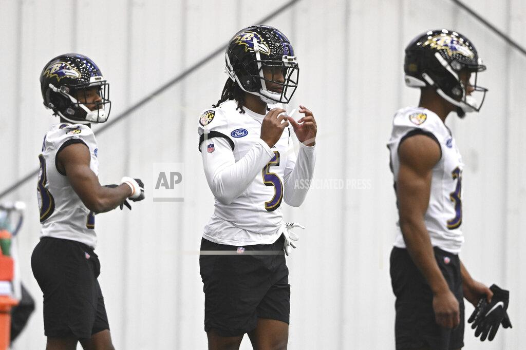 Gail Burton Baltimore Ravens cornerback Jayln Armour-Davis, center, watches during the NFL football team's rookie mini camp Saturday, May 7, 2022, in Owings Mills, MD. (AP Photo/Gail Burton)
