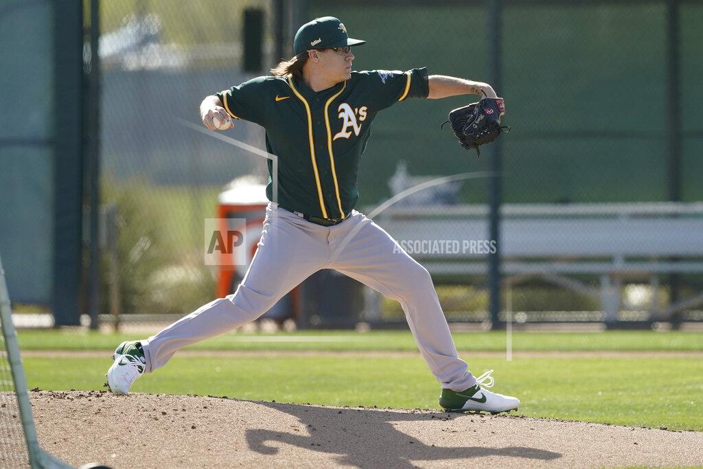 Matt York Oakland Athletics pitcher Montana DuRapau throws during a spring training baseball practice, Thursday, Feb. 25, 2021, in Mesa, Ariz. (AP Photo/Matt York)