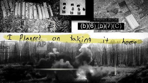 A photo illustration combining a defendant’s written statement in the case of explosives he stole from Camp Lejeune, North Carolina, evidence photos of fragmentation grenades, evidence photos of C4 explosives, document exemption blocks, and a screen capture of an explosion from a generic demolition exercise video. (AP Illustration)