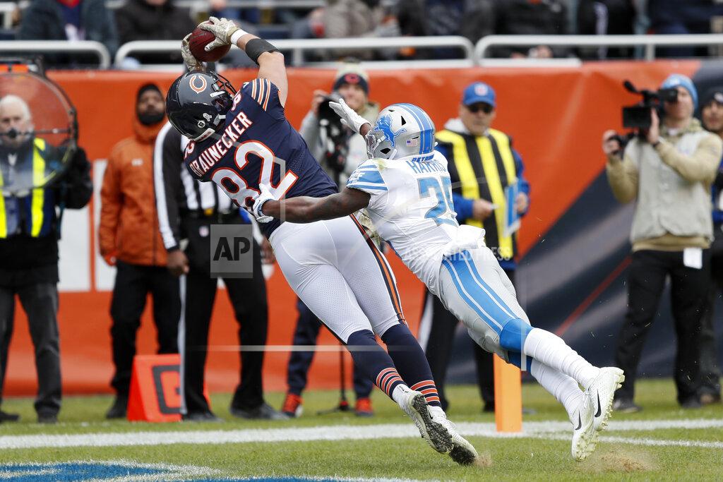 Charlie Neibergall Chicago Bears tight end Ben Braunecker (82) catches a 18-yard touchdown pass as Detroit Lions defensive back Will Harris (25) defends during the first half of an NFL football game in Chicago, Sunday, Nov. 10, 2019. (AP Photo/Charlie Neibergall)
