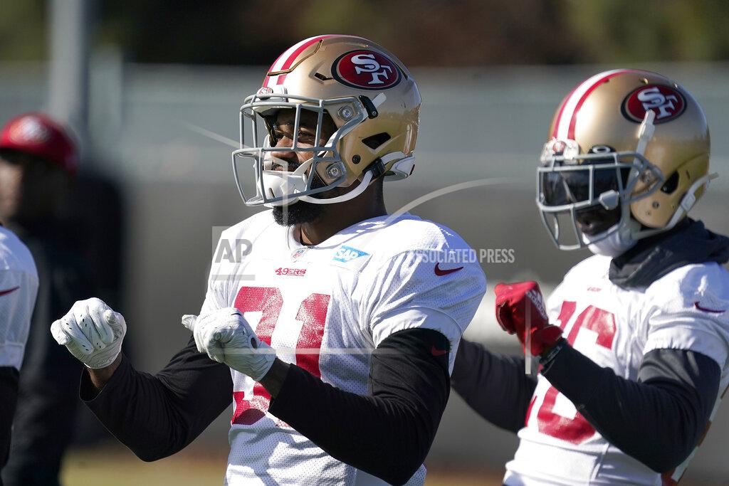 Tony Avelar San Francisco 49ers running back Raheem Mostert (31) and San Francisco 49ers running back Tevin Coleman, right, stretches during practice at the team's NFL football training facility in Santa Clara, Calif., Friday, Jan. 24, 2020. The 49ers will face the Kansas City Chiefs in Super Bowl 54. (AP Photo/Tony Avelar)