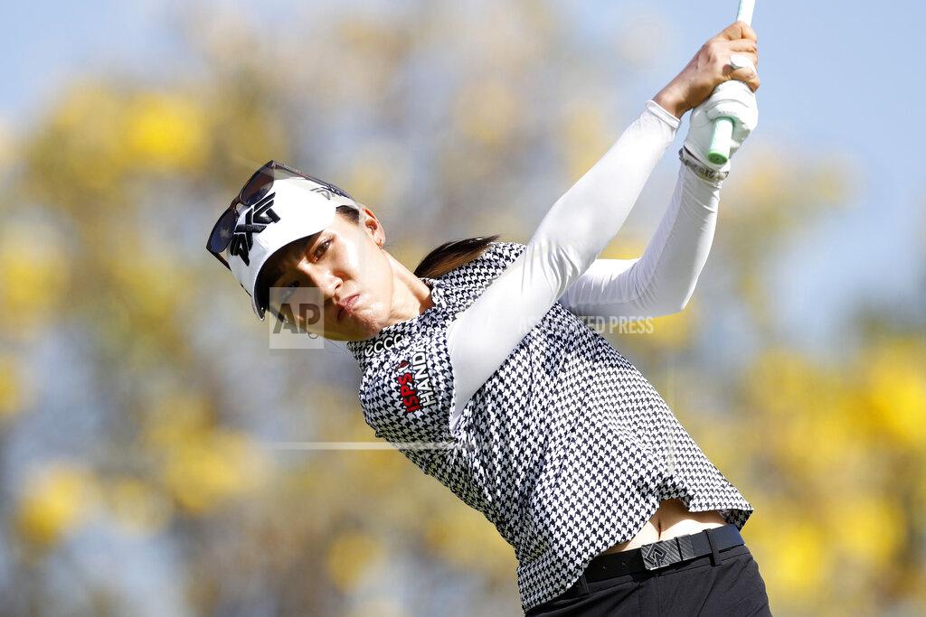 Marco Garcia Lydia Ko, of New Zealand, drives off the 14th tee during the final round of the Lotte Championship golf tournament, Saturday, April 17, 2021, in Kapolei, Hawaii. (AP Photo/Marco Garcia)