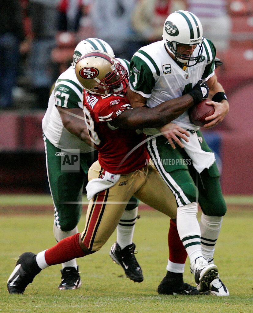 Marcio Jose Sanchez FILE - In this Sunday, Dec. 7, 2008, file photo, New York Jets quarterback Brett Favre is sacked by San Francisco 49ers linebacker Parys Haralson during the fourth quarter of an NFL football game in San Francisco. On Monday, Sept. 13, 2021, the San Francisco 49ers announced that Haralson, a former linebacker for the 49ers and New Orleans Saints, had died. He was 37. (AP Photo/Marcio Jose Sanchez, File)