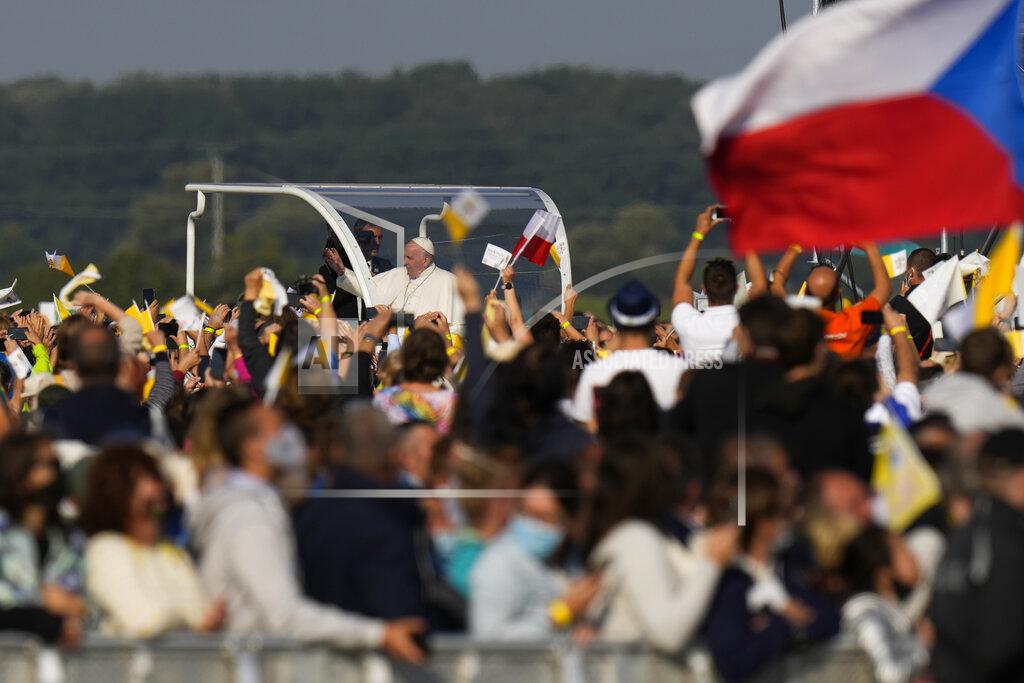 Petr David Josek Pope Francis arrives in the esplanade of the National Shrine in Sastin, Slovakia, Wednesday, Sept. 15, 2021. Pope Francis is to hold an open air mass in Sastin, the site of an annual pilgrimage each September 15 to venerate Slovakia's patron, Our Lady of Sorrows. (AP Photo/Petr David Josek)