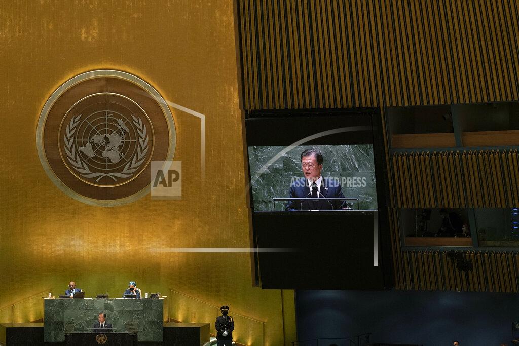 Eduardo Munoz South Korea's President Moon Jae-in addresses the 76th Session of the U.N. General Assembly at United Nations headquarters in New York, on Tuesday, Sept. 21, 2021. (Eduardo Munoz/Pool Photo via AP)