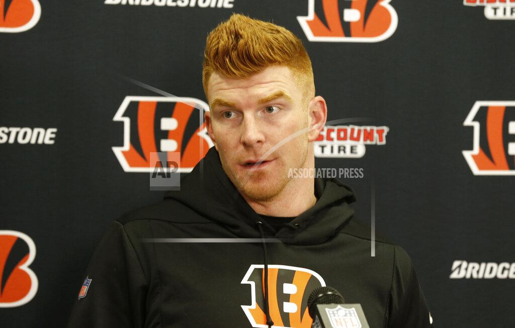 Ron Schwane Cincinnati Bengals quarterback Andy Dalton speaks at a news conference after an NFL football game against the Cleveland Browns, Sunday, Dec. 8, 2019, in Cleveland. The Browns won 27-19. (AP Photo/Ron Schwane)
