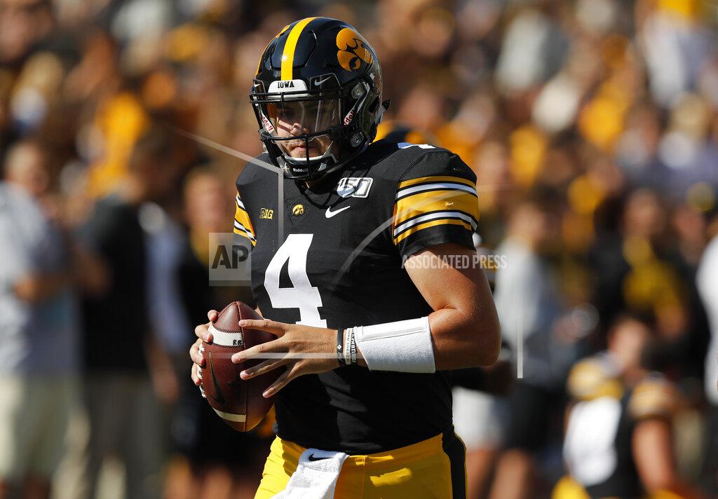 Matthew Putney Iowa quarterback Nate Stanley warms up before the first half of an NCAA college football game against Rutgers, Saturday, Sept. 7, 2019, in Iowa City. (AP Photo/Matthew Putney)