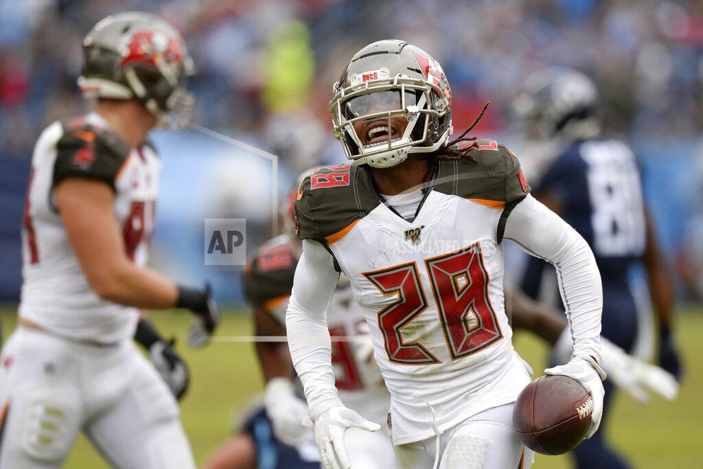 Mark Zaleski Tampa Bay Buccaneers cornerback Vernon III Hargreaves (28) celebrates after recovering a fumble by the Tennessee Titans in the second half of an NFL football game Sunday, Oct. 27, 2019, in Nashville, Tenn. (AP Photo/Mark Zaleski)