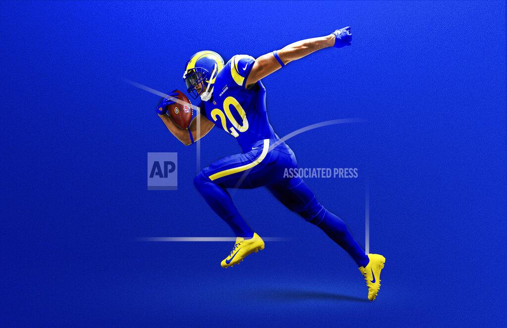 This undated graphic image released by the Los Angeles Rams NFL football team shows a model in their 'royal' uniform color scheme. The Rams have unveiled new uniforms ahead of their move into SoFi Stadium this year. (Los Angeles Rams via AP)