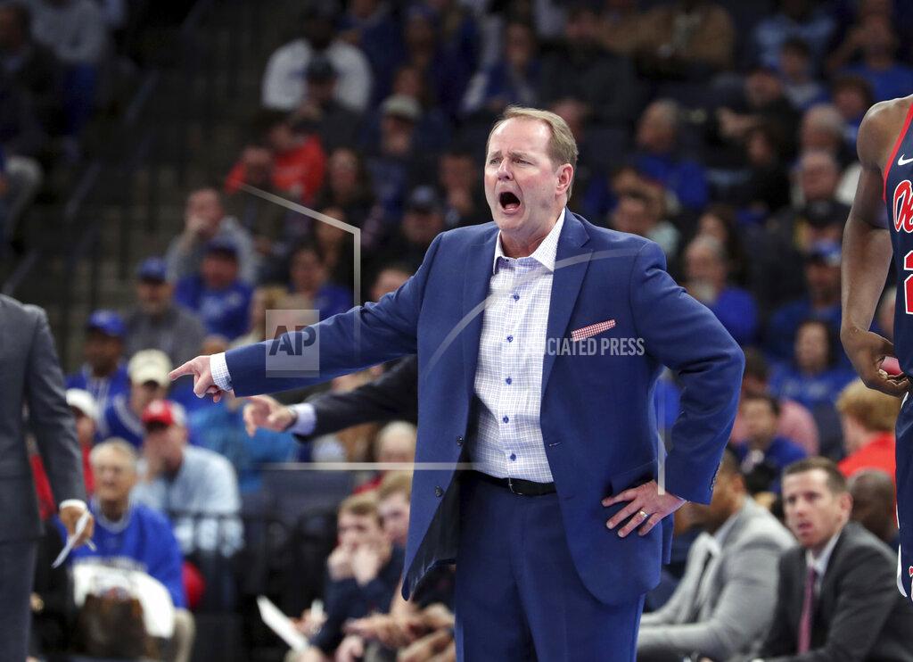 Karen Pulfer Focht Mississippi Kermit Davis calls to his players in the first half of an NCAA college basketball game against Memphis, Saturday, Nov. 23, 2019, in Memphis, Tenn. (AP Photo/Karen Pulfer Focht)