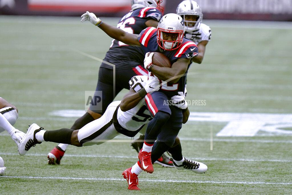 Steven Senne Las Vegas Raiders linebacker Nicholas Morrow, rear, tackles New England Patriots running back J.J. Taylor in the first half of an NFL football game, Sunday, Sept. 27, 2020, in Foxborough, Mass. (AP Photo/Steven Senne)