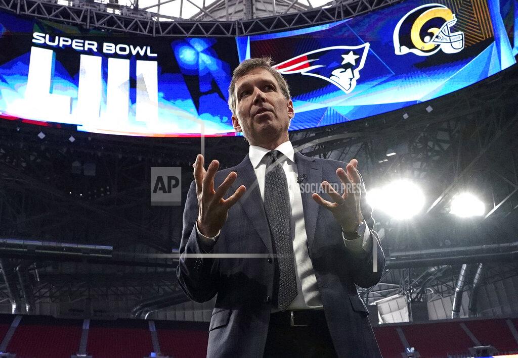 FILE - In this Jan. 29, 2019, file photo, NFL Chief Medical Officer Dr. Allen Sills gestures while speaking during a health and safety tour at Mercedes-Benz Stadium for the NFL Super Bowl 53 football game in Atlanta. The NFL's top medical experts are asking college football physicians and trainers to help make the game safer. Dr. Allen Sills and Jeff Miller, the NFL's executive vice president for health and safety initiatives, spent Monday June 17 2019 and Tuesday, June 18, 2019 in Indianapolis sharing data about their findings on the prevention and treatment of injuries. (AP Photo/David J. Phillip, File)