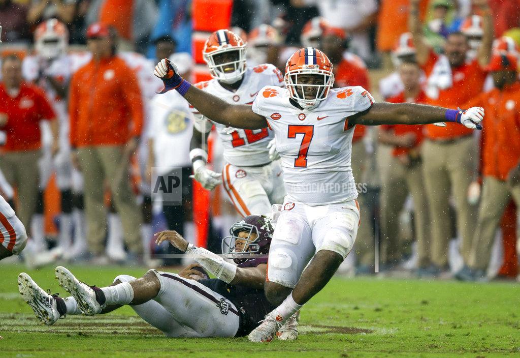 Sam Craft FILE - In this Sept. 8, 2018, file photo, Clemson defensive end Austin Bryant (7) reacts after sacking Texas A&M quarterback Kellen Mond, bottom, during the first half of an NCAA college football game in College Station, Texas. Bryant and the defensive line will lead No. 2 Clemson against Pittsburgh as the Tigers hope to capture a fourth straight Atlantic Coast Conference championship Saturday night. (AP Photo/Sam Craft, File)