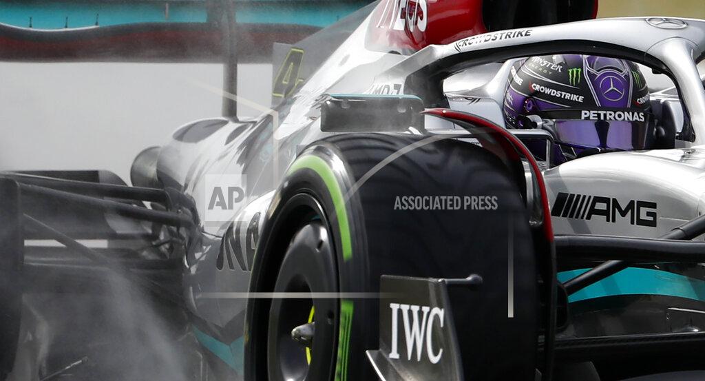 Joan Monfort Mercedes driver Lewis Hamilton of Britain steers his car during a Formula One pre-season testing session at the Catalunya racetrack in Montmelo, just outside of Barcelona, Spain, Friday, Feb. 25, 2022. (AP Photo/Joan Monfort)