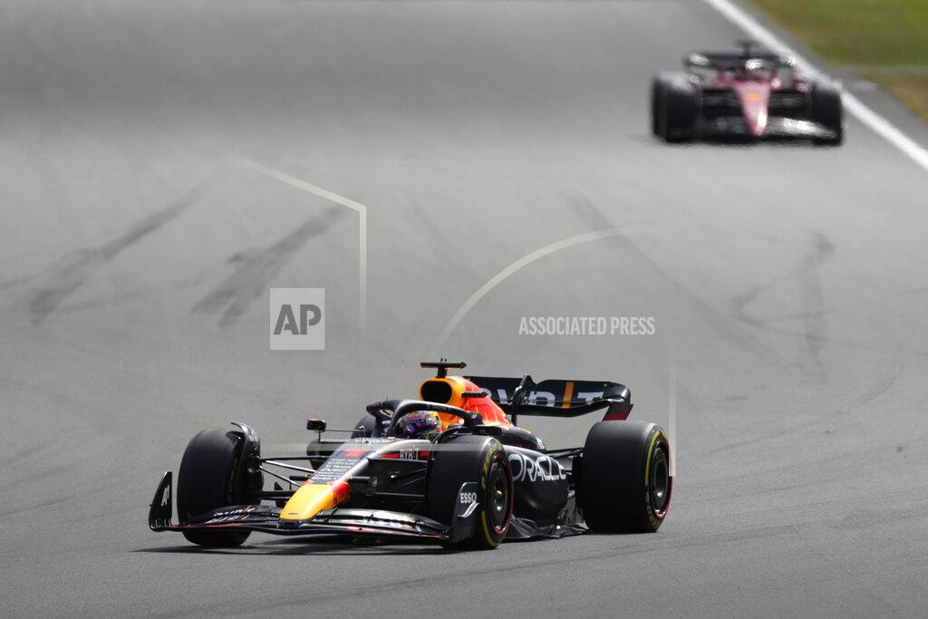 Frank Augstein Red Bull driver Max Verstappen of the Netherlands steers his car follows by Ferrari driver Charles Leclerc of Monaco during the British Formula One Grand Prix at the Silverstone circuit, in Silverstone, England, Sunday, July 3, 2022. (AP Photo/Frank Augstein)