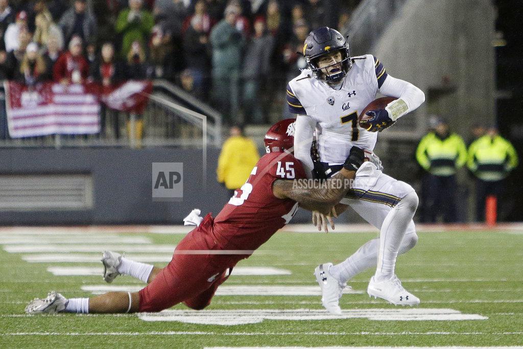 Young Kwak Washington State defensive lineman Logan Tago (45) tackles California quarterback Chase Garbers (7) during the second half of an NCAA college football game in Pullman, Wash., Saturday, Nov. 3, 2018. Washington State won 19-13. (AP Photo/Young Kwak)