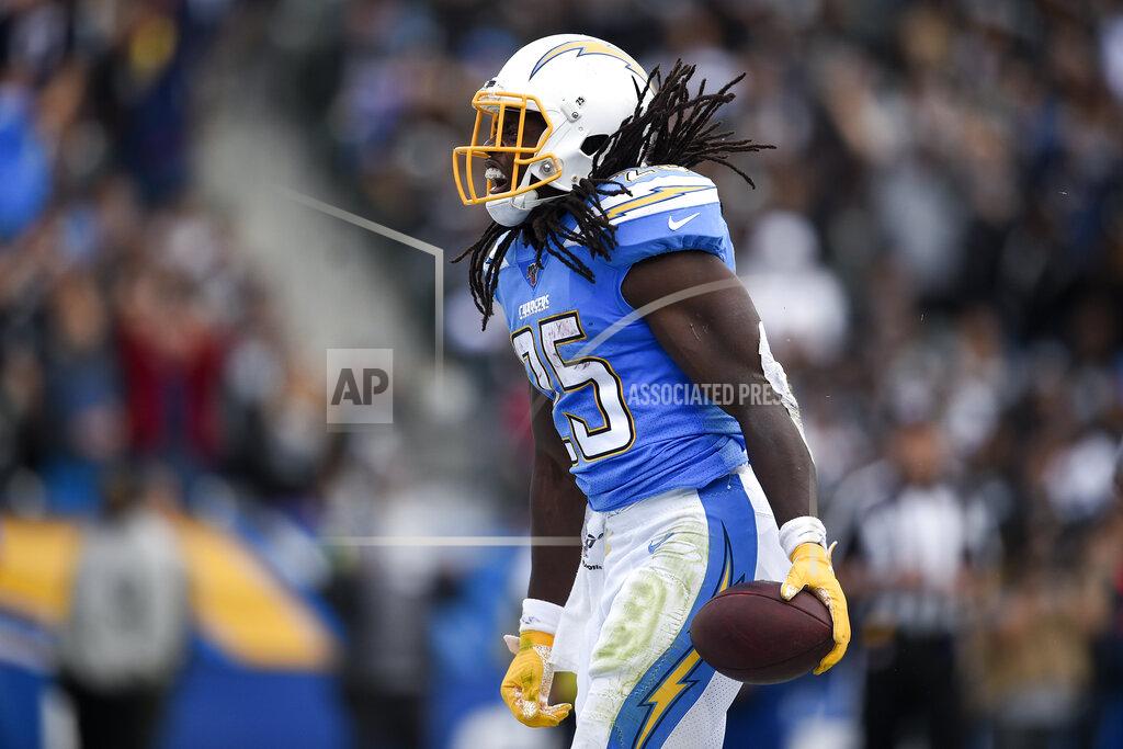 Kelvin Kuo Los Angeles Chargers running back Melvin Gordon celebrates after scoring against the Oakland Raiders during the second half of an NFL football game Sunday, Dec. 22, 2019, in Carson, Calif. (AP Photo/Kelvin Kuo)