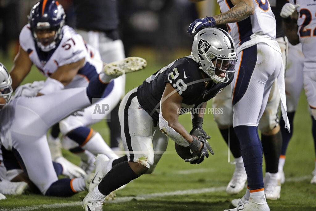 Ben Margot Oakland Raiders running back Josh Jacobs reacts after scoring a touchdown during the fourth quarter of an NFL football game against the Denver Broncos Monday, Sept. 9, 2019, in Oakland, Calif. (AP Photo/Ben Margot)