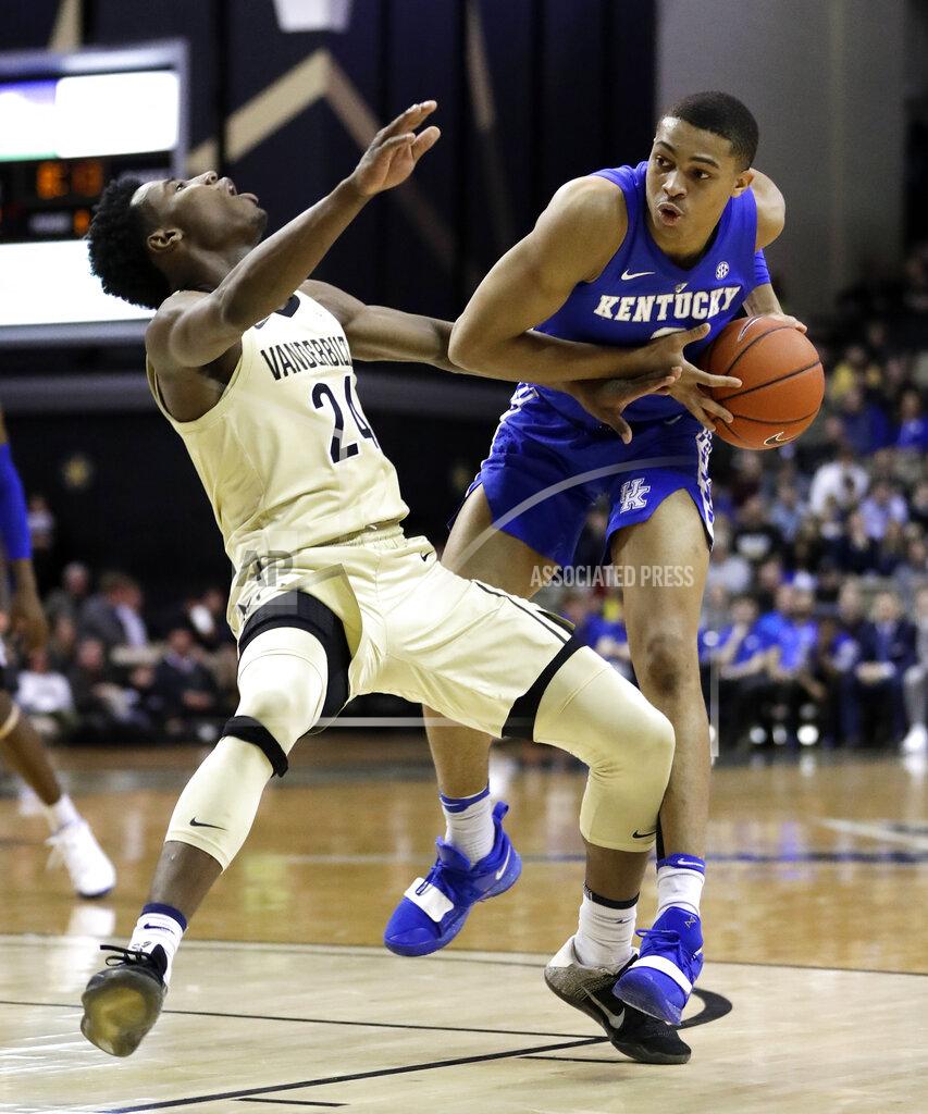 Mark Humphrey Kentucky guard Keldon Johnson collides with Vanderbilt forward Aaron Nesmith (24) in the first half of an NCAA college basketball game Tuesday, Jan. 29, 2019, in Nashville, Tenn. (AP Photo/Mark Humphrey)