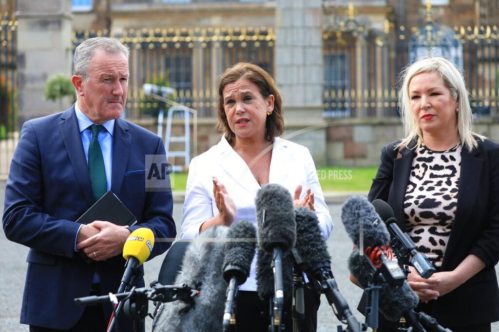 Peter Morrison Sinn Fein's Conor Murphy, left, party leader Mary Lou McDonald, center, and Michelle O'Neill speak to the media at Hillsborough Castle, Northern Ireland, Monday, May, 16, 2022. British Prime Minister Johnson said there would be “a necessity to act” if the EU doesn't agree to overhaul post-Brexit trade rules that he says are destabilizing Northern Ireland's delicate political balance. Johnson was holding private talks with the leaders of Northern Ireland's main political parties, urging them to get back to work. (AP Photo/Peter Morrison)