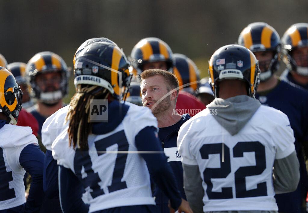 Los Angeles Rams head coach Sean McVay talks to his players during practice for the NFL Super Bowl 53 football game against the New England Patriots, Friday, Feb. 1, 2019, in Flowery Branch, Ga. (AP Photo/John Bazemore)