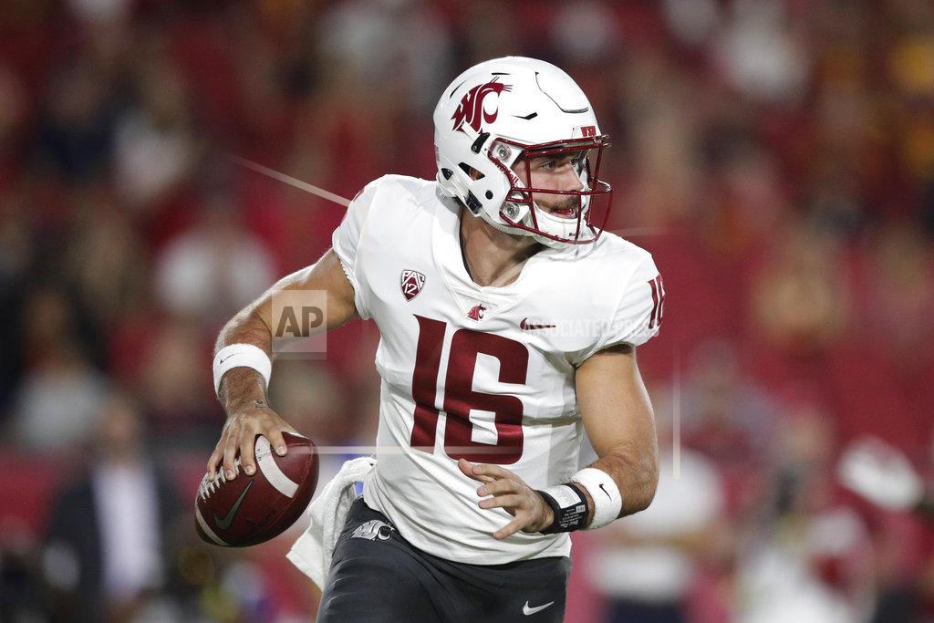 Jae C. Hong FILE - In this Friday, Sept. 21, 2018, file photo, Washington State quarterback Gardner Minshew looks to pass during the first half of the team's NCAA college football game against Southern California, in Los Angeles. Washington State faces Stanford on Saturday, Oct. 27. (AP Photo/Jae C. Hong, File)