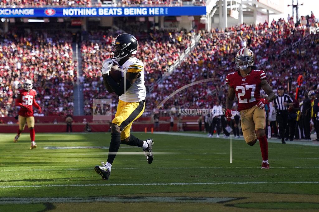 Tony Avelar Pittsburgh Steelers wide receiver Diontae Johnson, center, catches a touchdown in front of San Francisco 49ers defensive back Jason Verrett (27) during the second half of an NFL football game in Santa Clara, Calif., Sunday, Sept. 22, 2019. (AP Photo/Tony Avelar)