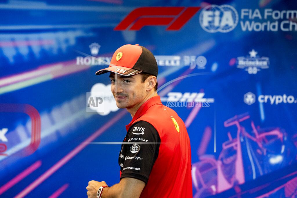 Paul Chiasson Scuderia Ferrari driver Charles Leclerc, of Monaco, arrives at a news conference at the Canadian Grand Prix Friday, June 17, 2022, in Montreal. (Paul Chiasson/The Canadian Press via AP)