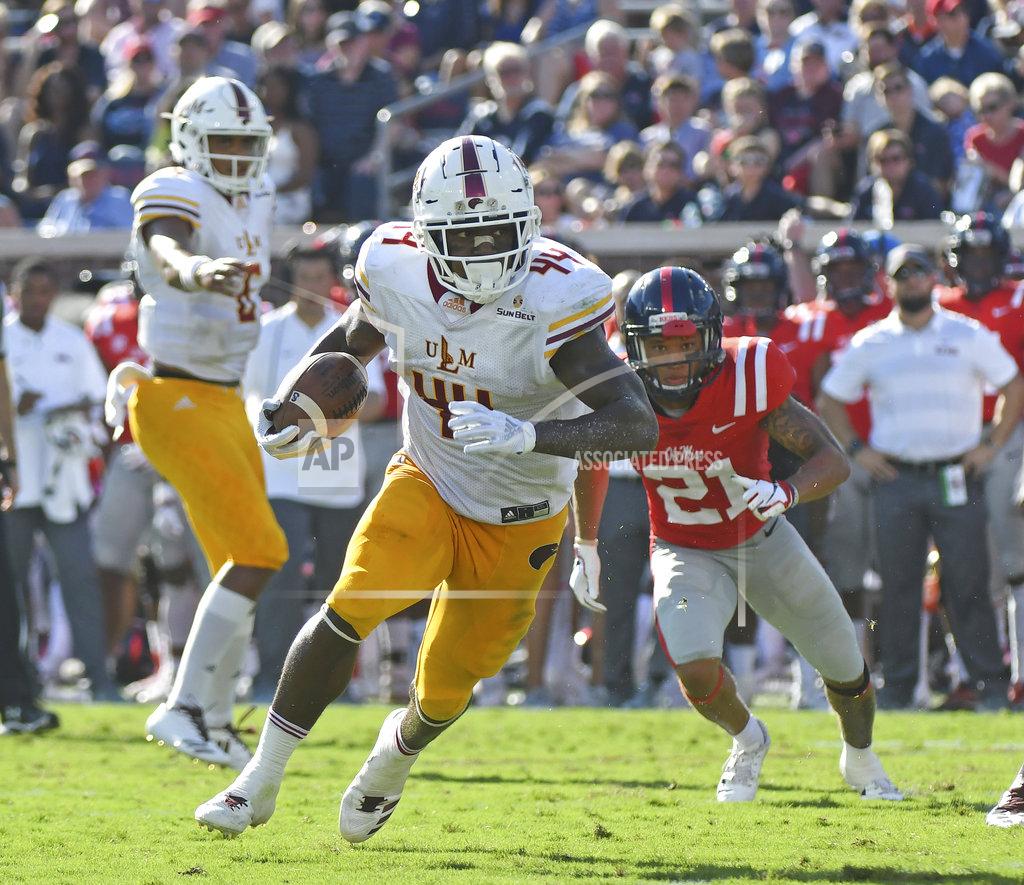 Thomas Graning Louisiana Monroe running back Derrick Gore (44) runs the ball during the first half of an NCAA college football game against Mississippi in Oxford, Miss., Saturday, Oct. 6, 2018. (AP Photo/Thomas Graning)
