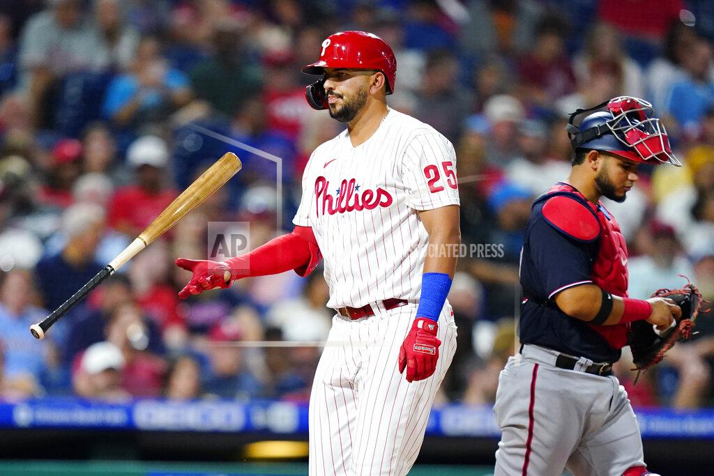 Matt Slocum Philadelphia Phillies' Darick Hall, left, reacts after striking out against Washington Nationals pitcher Josiah Gray during the sixth inning of a baseball game, Wednesday, July 6, 2022, in Philadelphia. (AP Photo/Matt Slocum)
