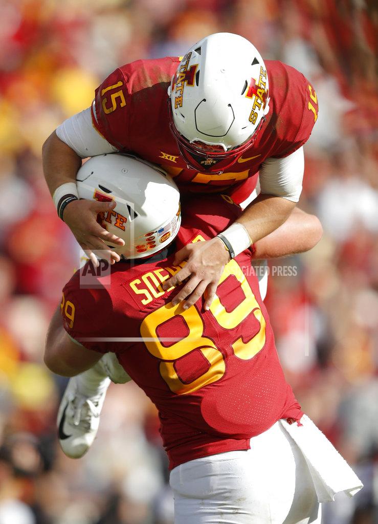 Charlie Neibergall Iowa State quarterback Brock Purdy (15) celebrates with teammate Dylan Soehner (89) at the end of an NCAA college football game against Texas Tech, Saturday, Oct. 27, 2018, in Ames, Iowa. Iowa State won 40-31. (AP Photo/Charlie Neibergall)