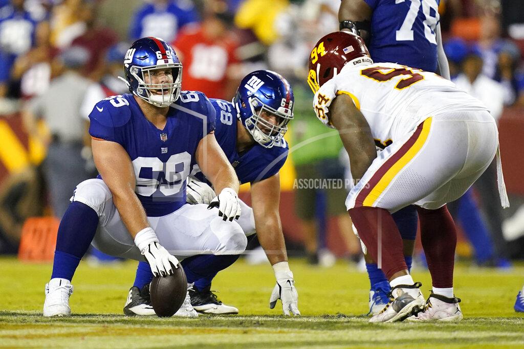Patrick Semansky New York Giants center Billy Price (69) lines up against Washington Football Team nose tackle Daron Payne (94) during the second half of an NFL football game, Thursday, Sept. 16, 2021, in Landover, Md. (AP Photo/Patrick Semansky)