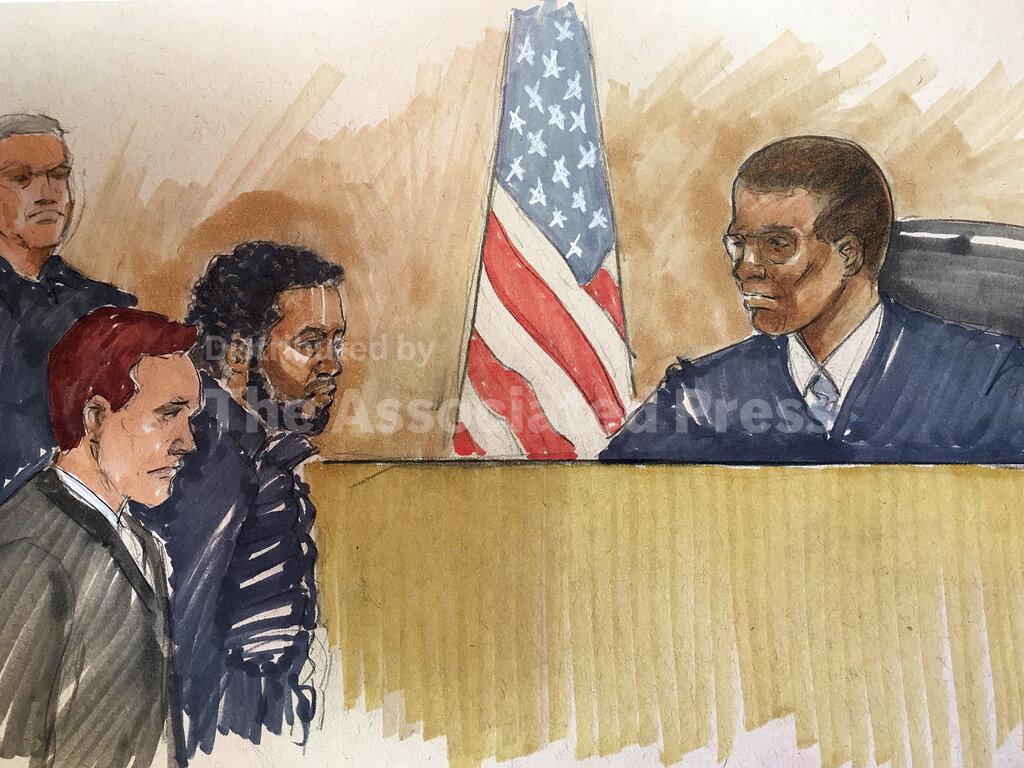In this courtroom sketch,