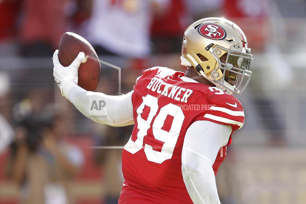 Ben Margot San Francisco 49ers defensive tackle DeForest Buckner (99) holds up the ball after the 49ers recovered a fumble against the Pittsburgh Steelers during the second half of an NFL football game in Santa Clara, Calif., Sunday, Sept. 22, 2019. (AP Photo/Ben Margot)