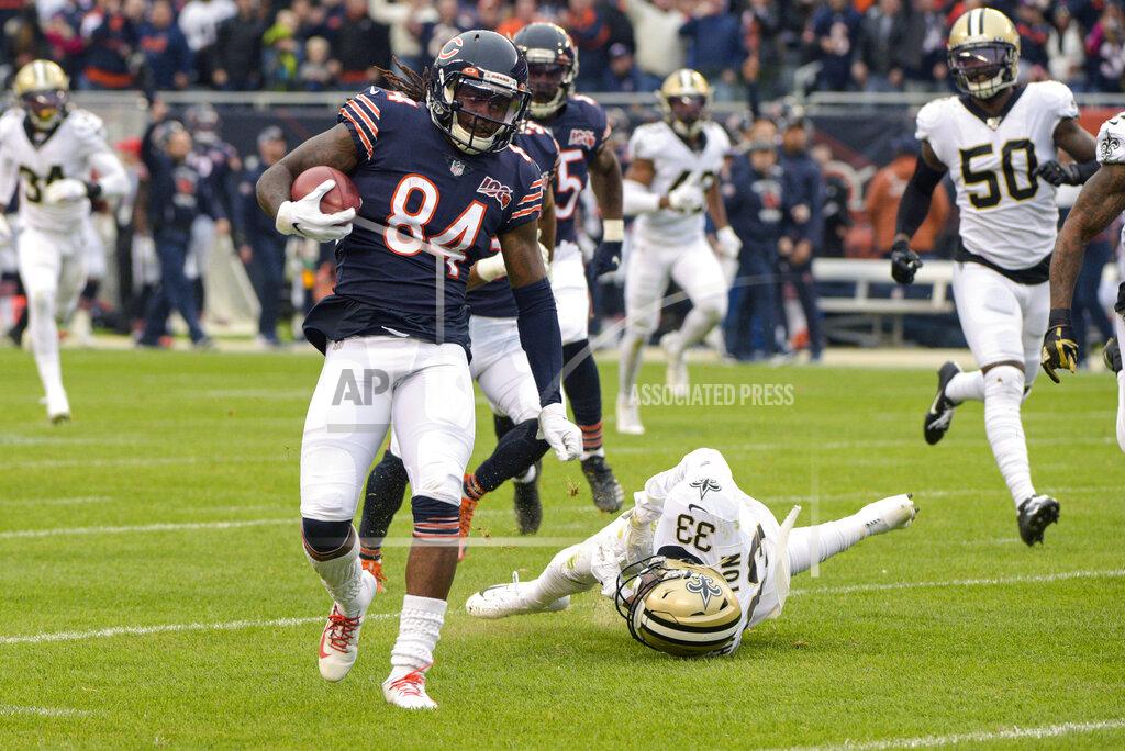 Mark Black Chicago Bears wide receiver Cordarrelle Patterson (84) heads to the end zone for a touchdown after getting past New Orleans Saints' Saquan Hampton (33) on a kickoff return during the first half of an NFL football game in Chicago, Sunday, Oct. 20, 2019. (AP Photo/Mark Black)